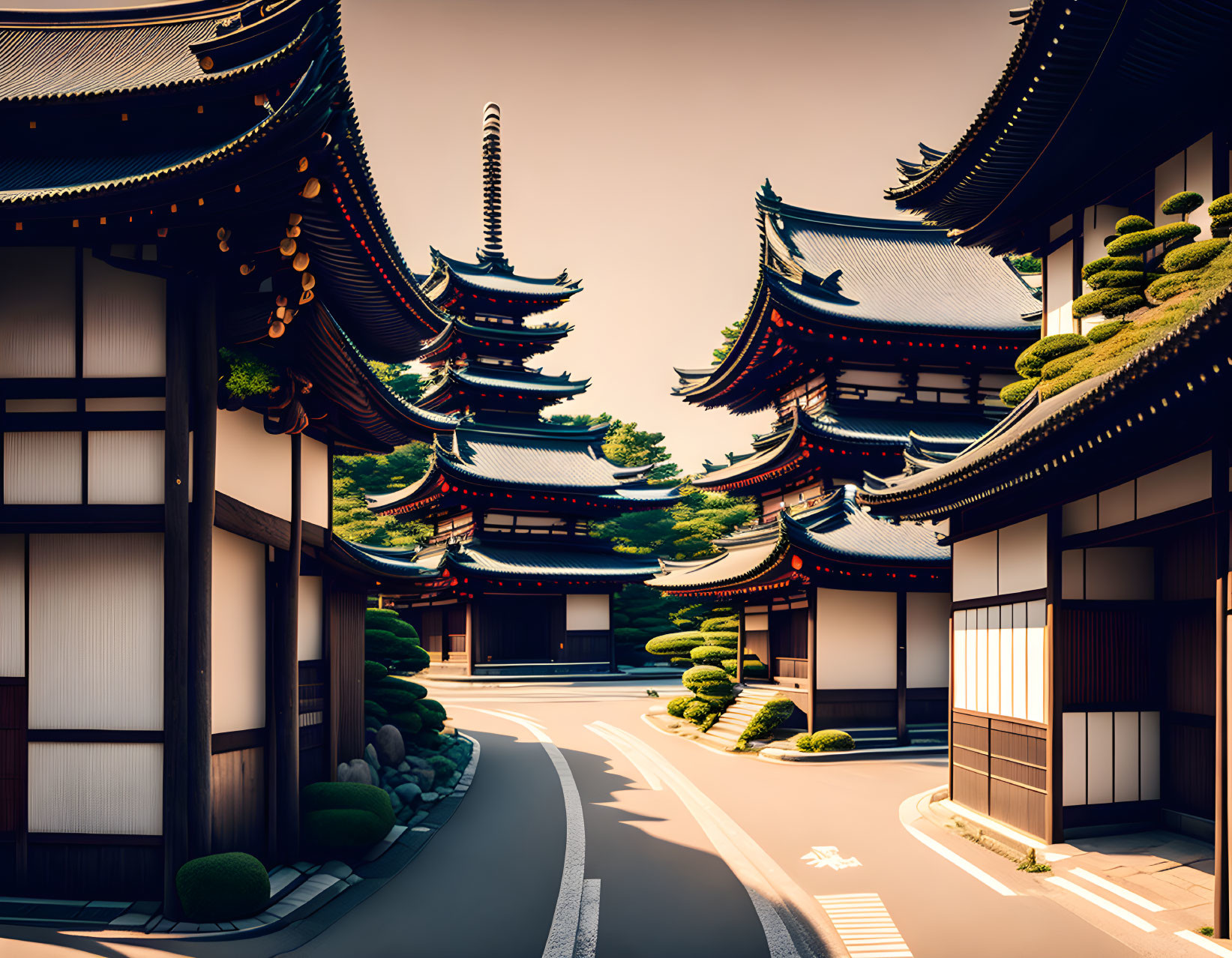 Japanese Temple with Curved Roofs in Green Landscape