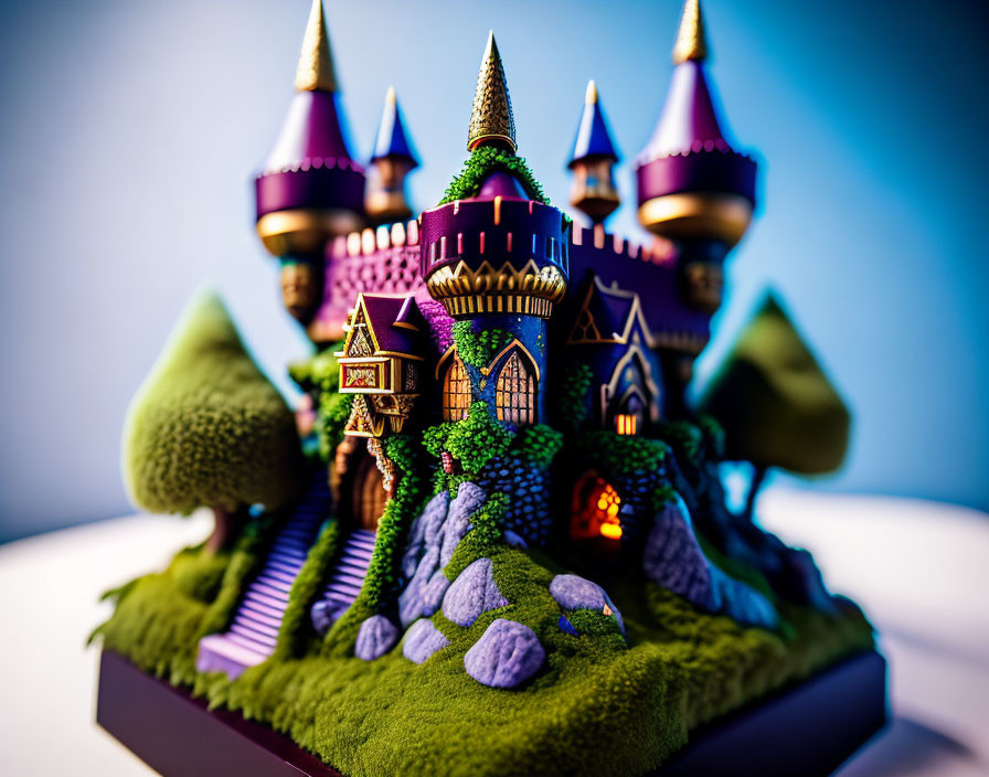 Fantasy castle model with purple spires and multicolored walls on blue gradient backdrop