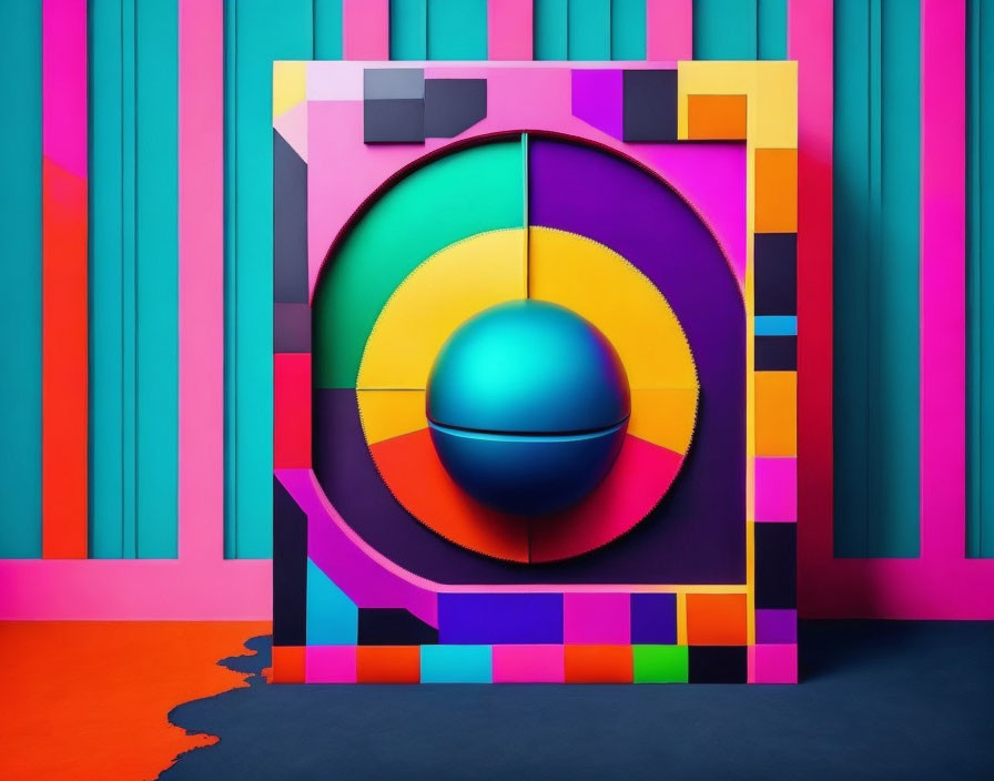 Colorful Abstract Art Installation with Geometric Shapes and 3D Sphere