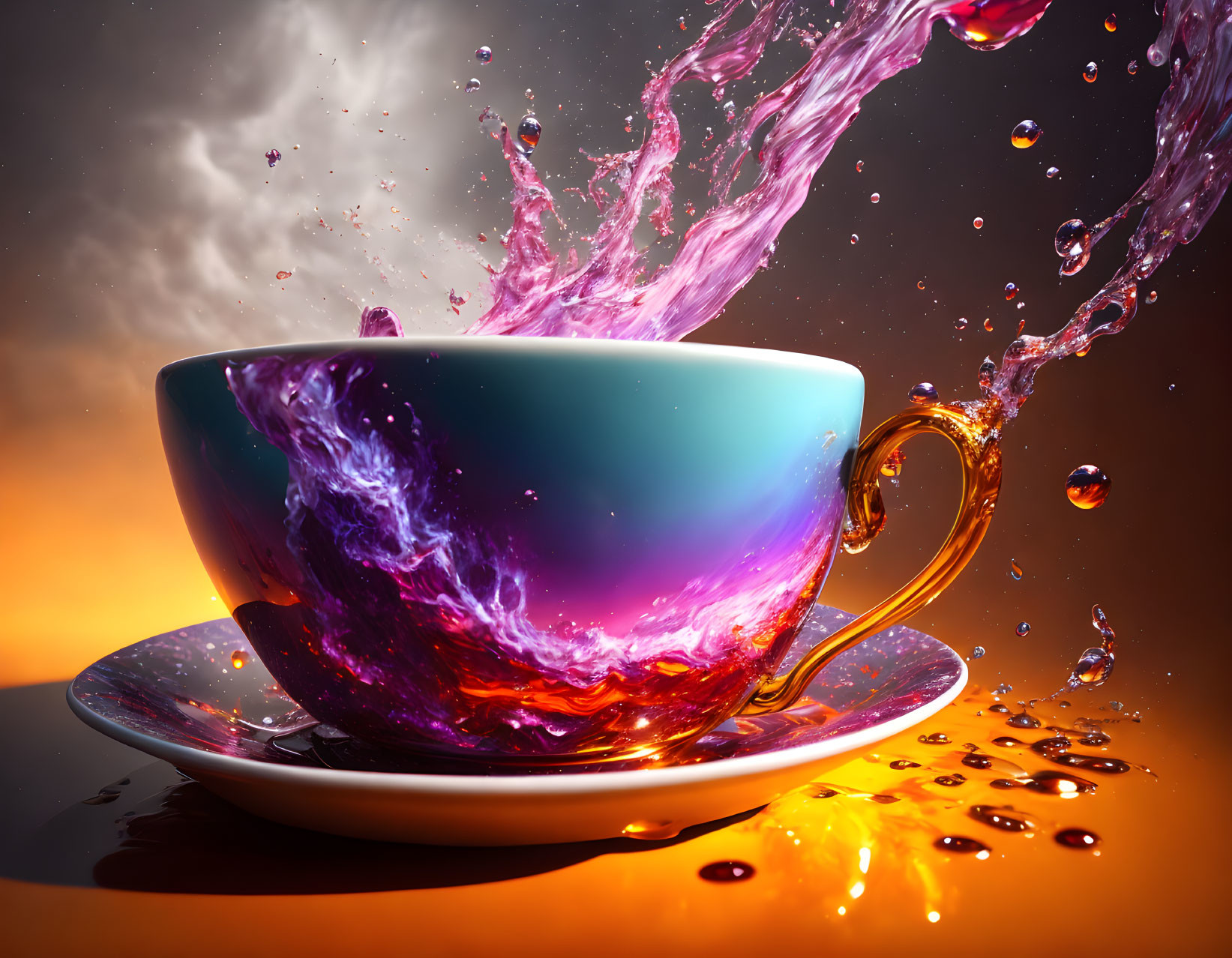 Colorful Cup with Pink and Purple Liquid Splash on Warm Background