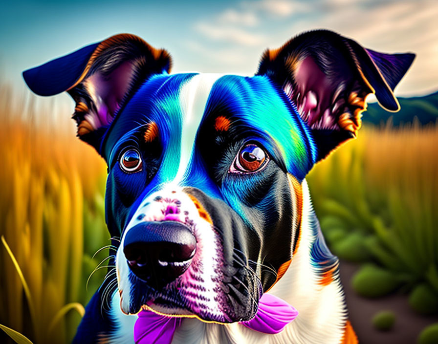 Colorful Digital Illustration of Dog Against Stylized Field