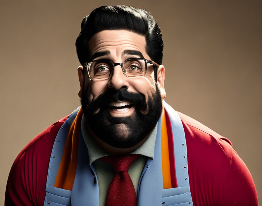 Animated male character with black hair, beard, glasses, red blazer, blue suspenders.