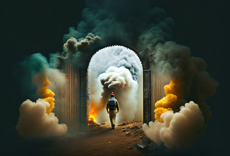 Person walking towards open gate with surreal giant smoking head and fiery clouds.