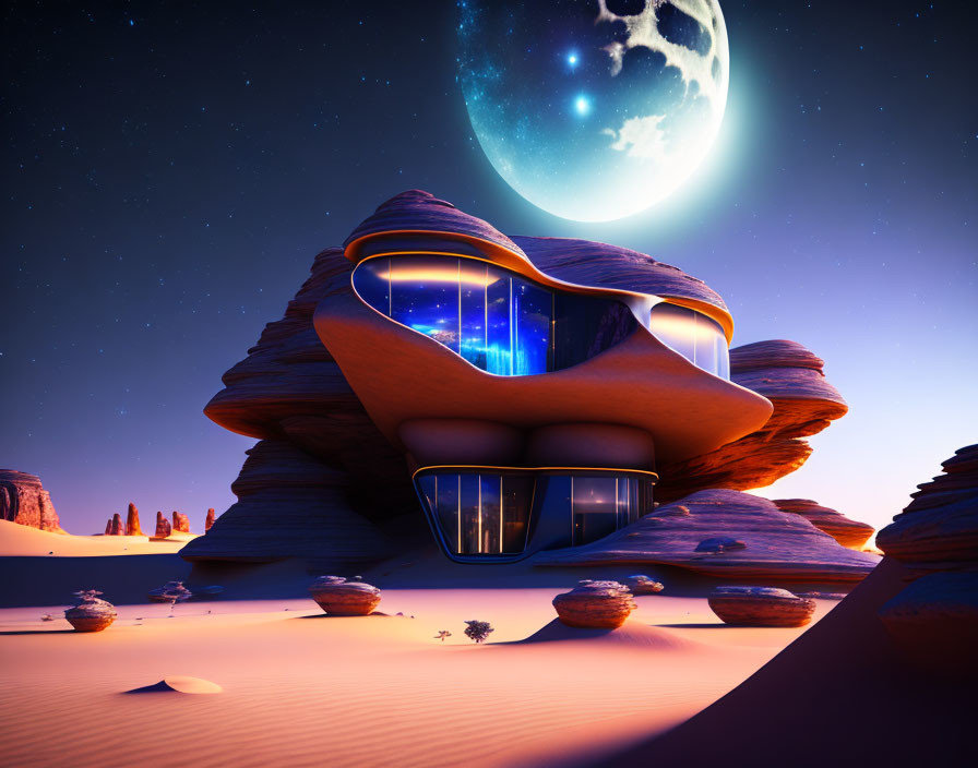 Modern desert house design under night sky with large moon