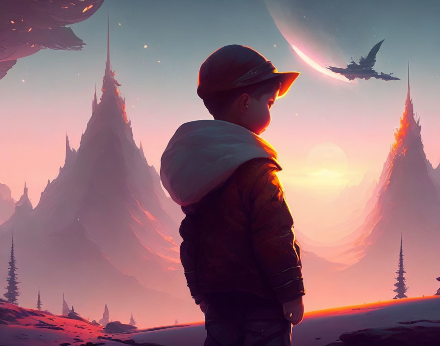 Boy observing surreal landscape with pink skies and futuristic aircraft under foreign planet