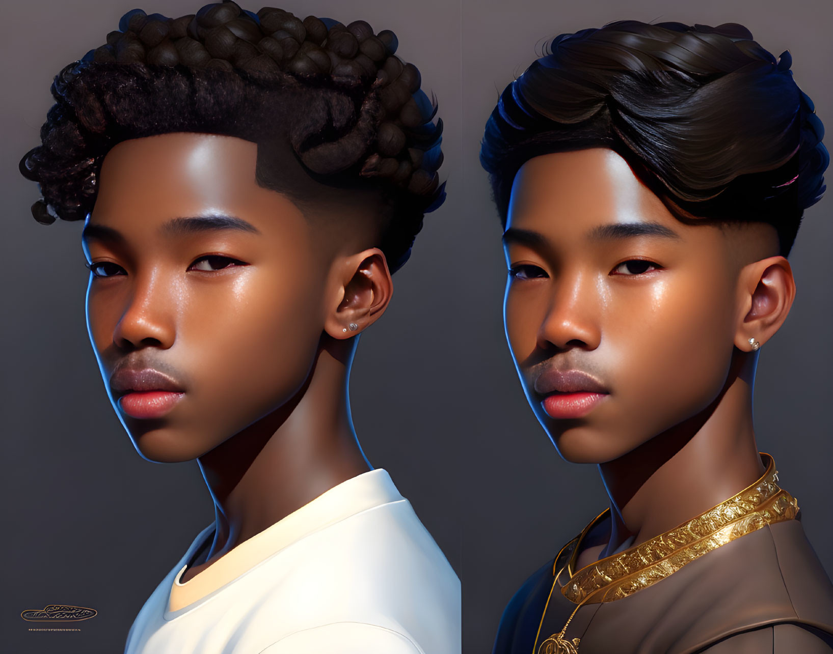 Stylized male figures with detailed hair and striking facial features on dark background