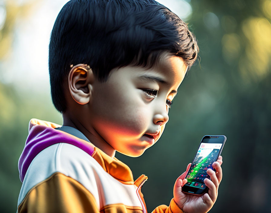 Young child with smartphone in hand under soft sunlight against green background