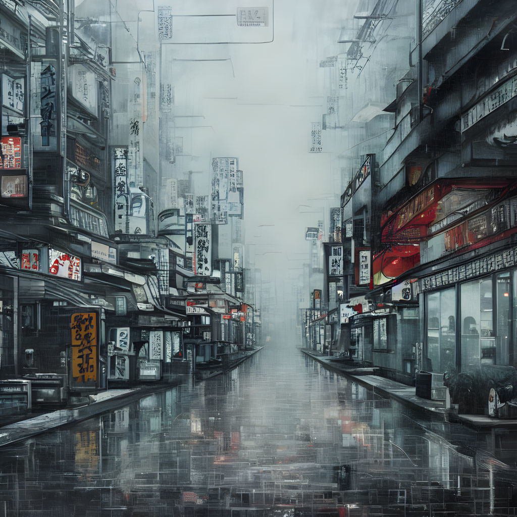 Rain-soaked futuristic city street with neon signs and cyberpunk atmosphere