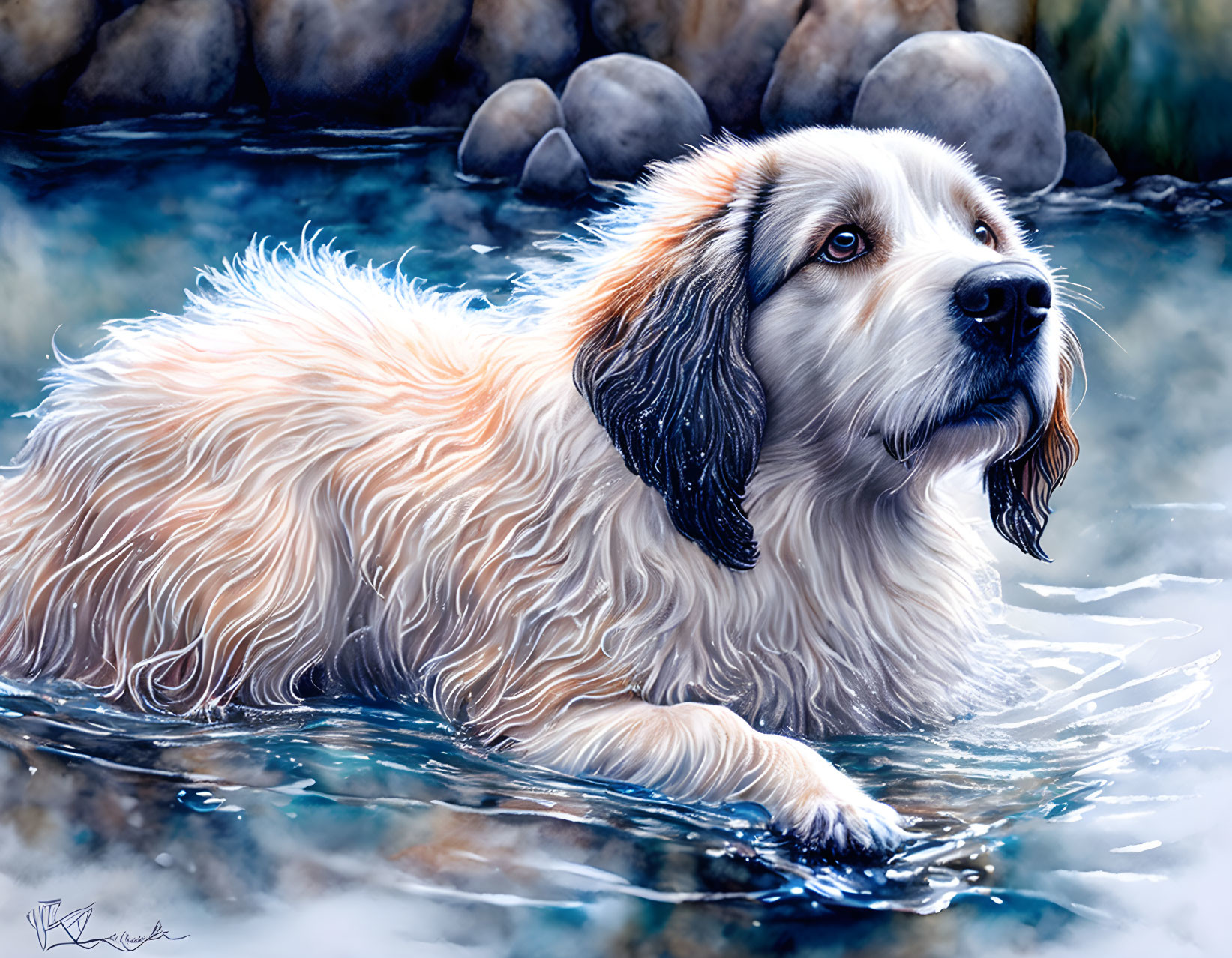 Realistic digital painting of a white and tan dog wading in water