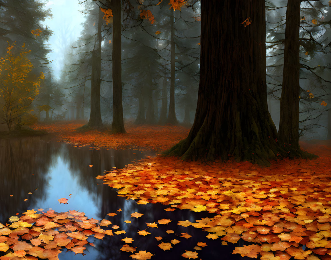 Mystical autumn forest with large trees and golden leaves pond