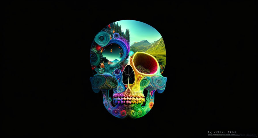 Colorful Psychedelic Skull Illustration with Fractal Patterns