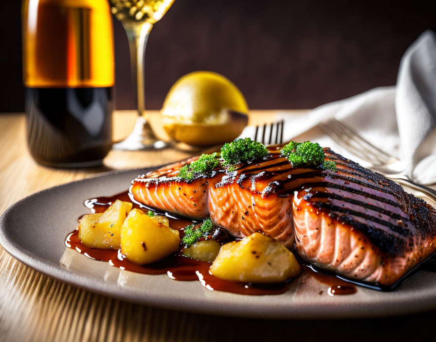 Grilled Salmon Fillets with Glaze and Roasted Potatoes Plate Display