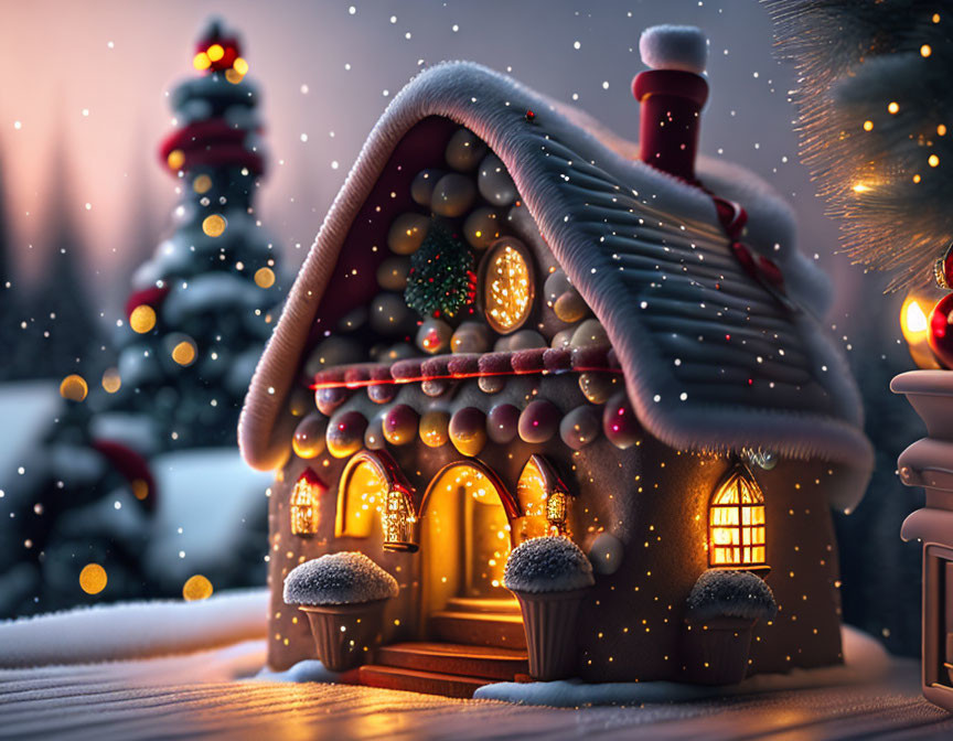 Cozy Christmas cottage with snow and festive decorations