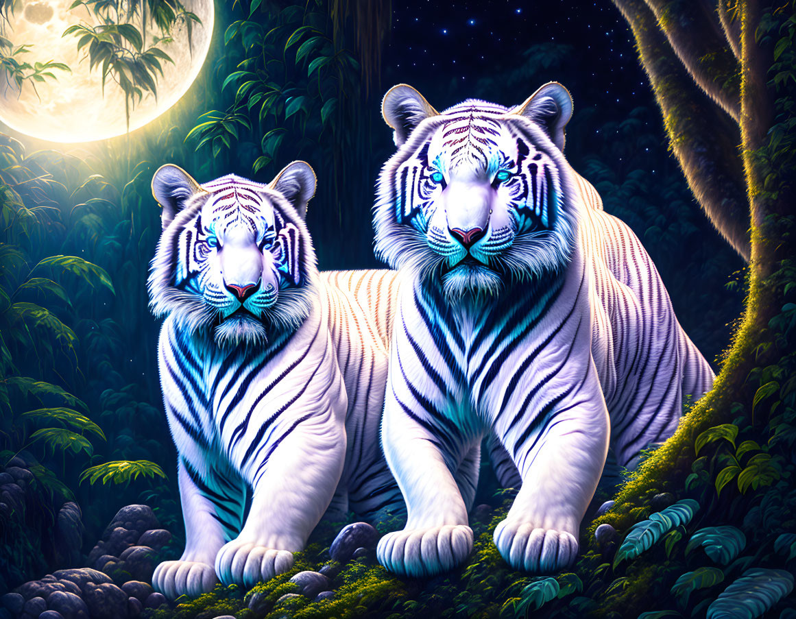 White tigers with blue stripes in moonlit jungle surrounded by lush greenery