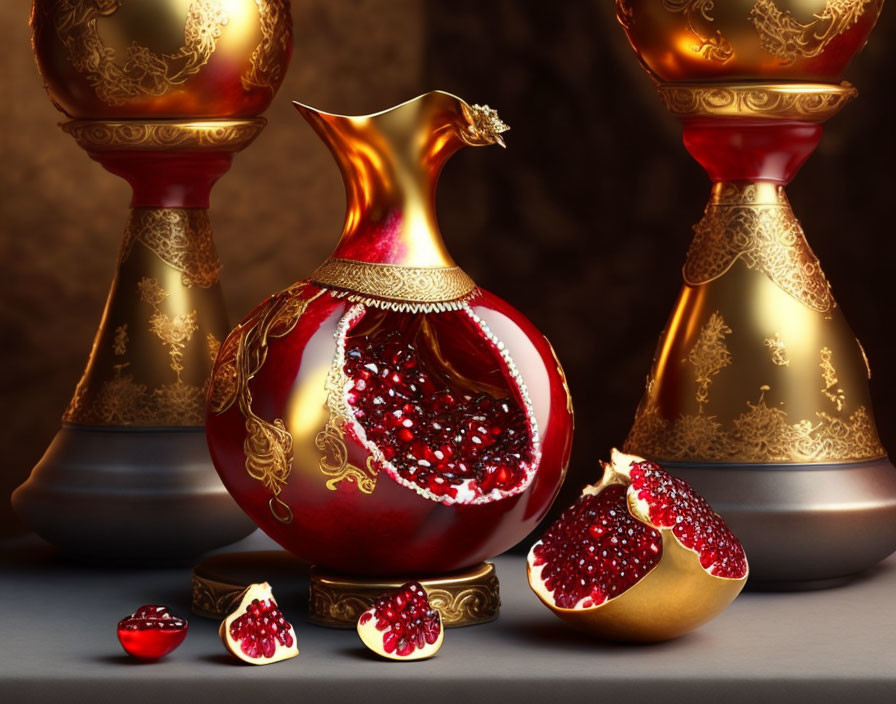 Ornate gold and red vases in luxurious still life