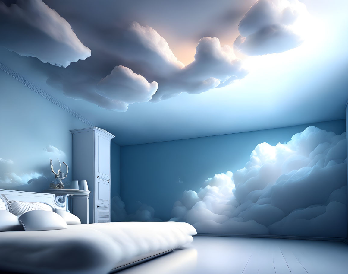 Surreal bedroom with cloud-themed decor and soft lighting