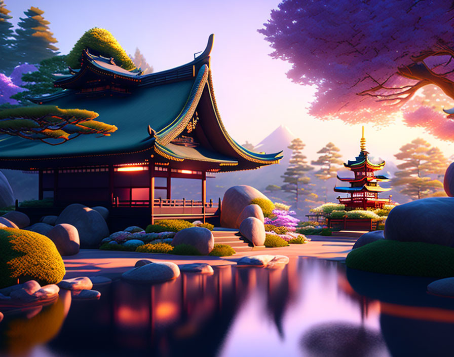 Tranquil Asian temple scene at sunset with vibrant colors