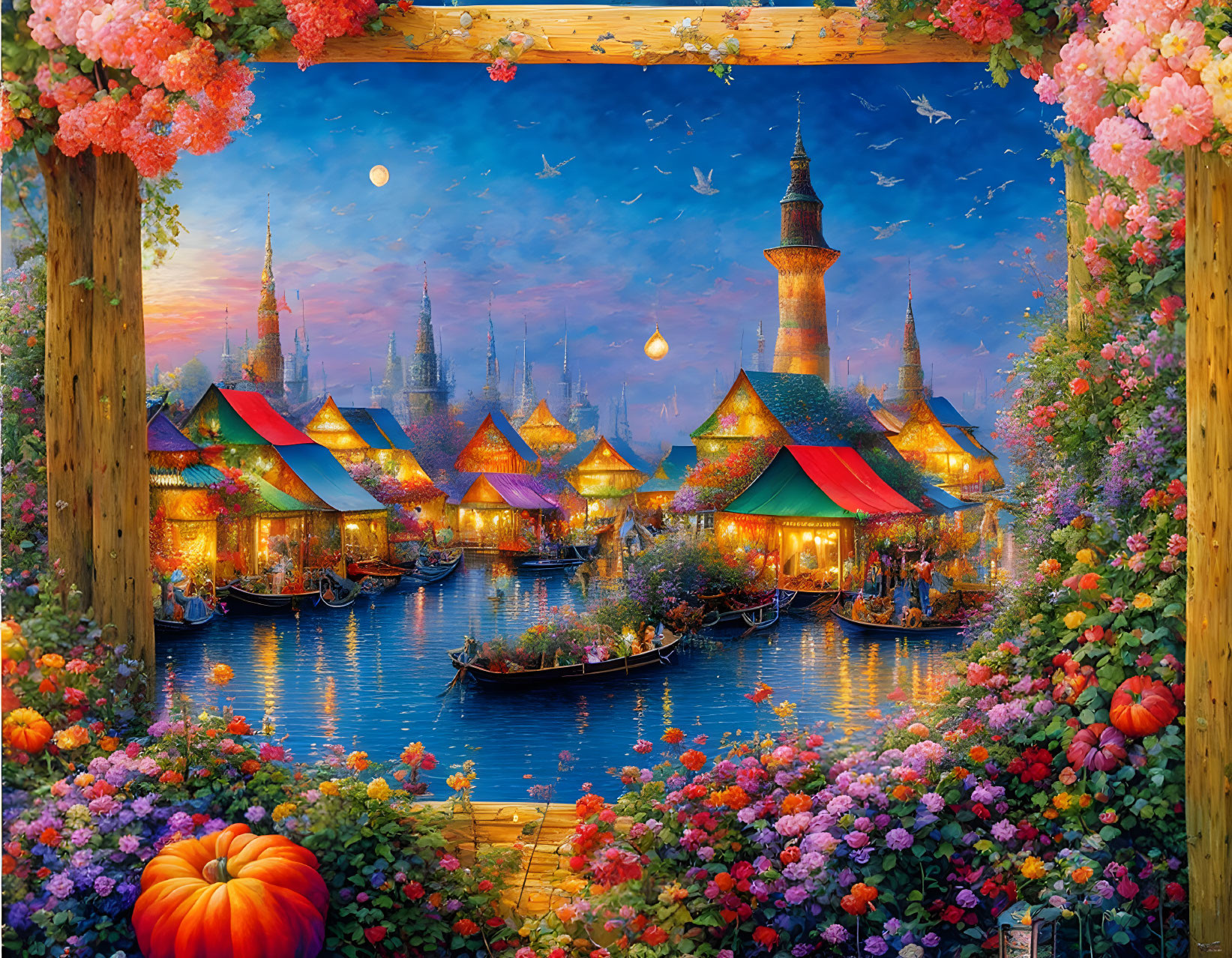 Colorful painting: Waterside village at twilight with boats, flowers, lanterns, and starlit