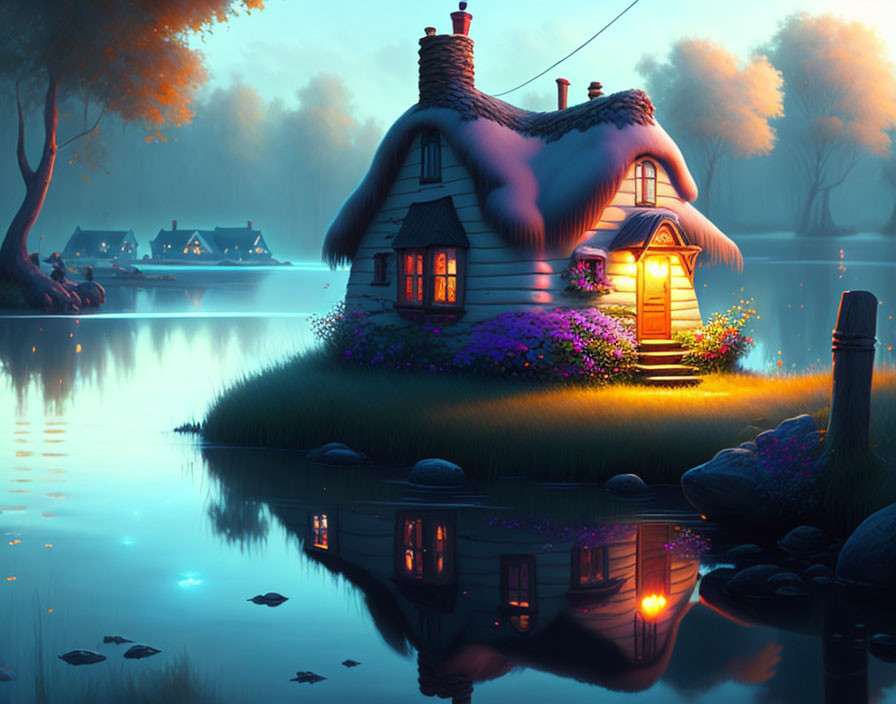 Thatched roof cottage on water-surrounded island at twilight