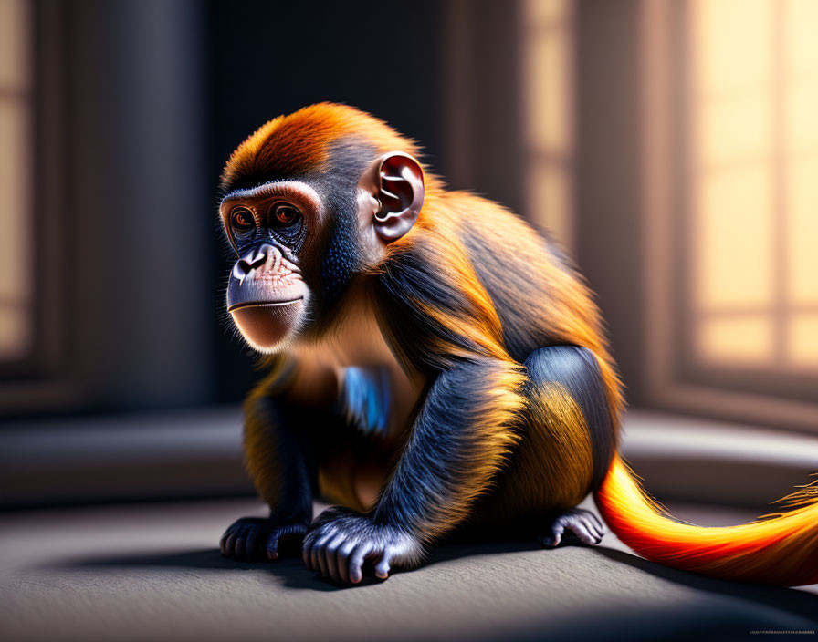 Colorful Monkey Contemplating in Sunlit Room