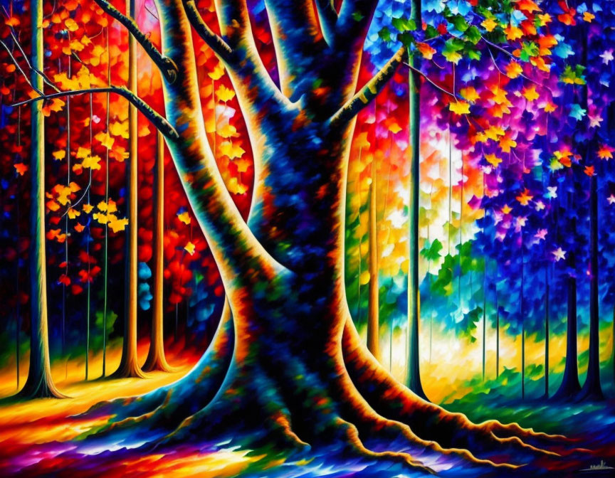 Colorful Whimsical Forest Painting with Large Tree & Rainbow Leaves