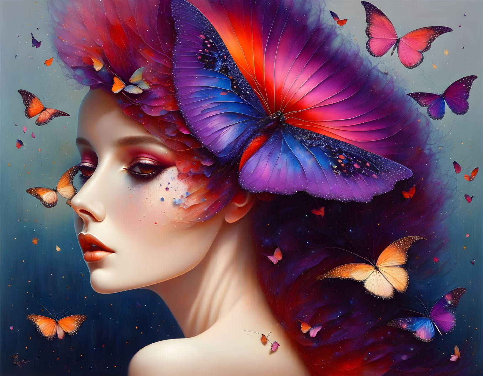 Colorful digital portrait of a woman with butterflies in her hair