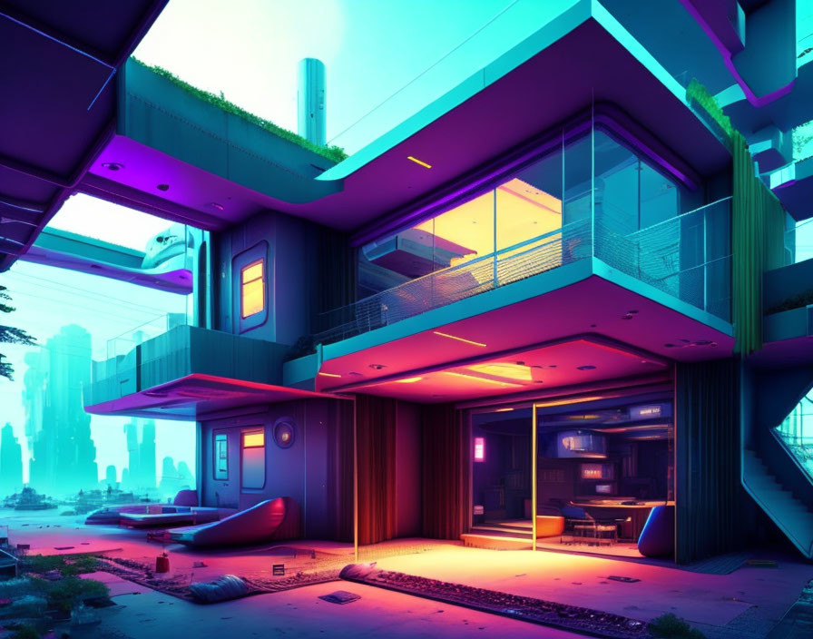 Modern house with neon lights in cityscape at twilight