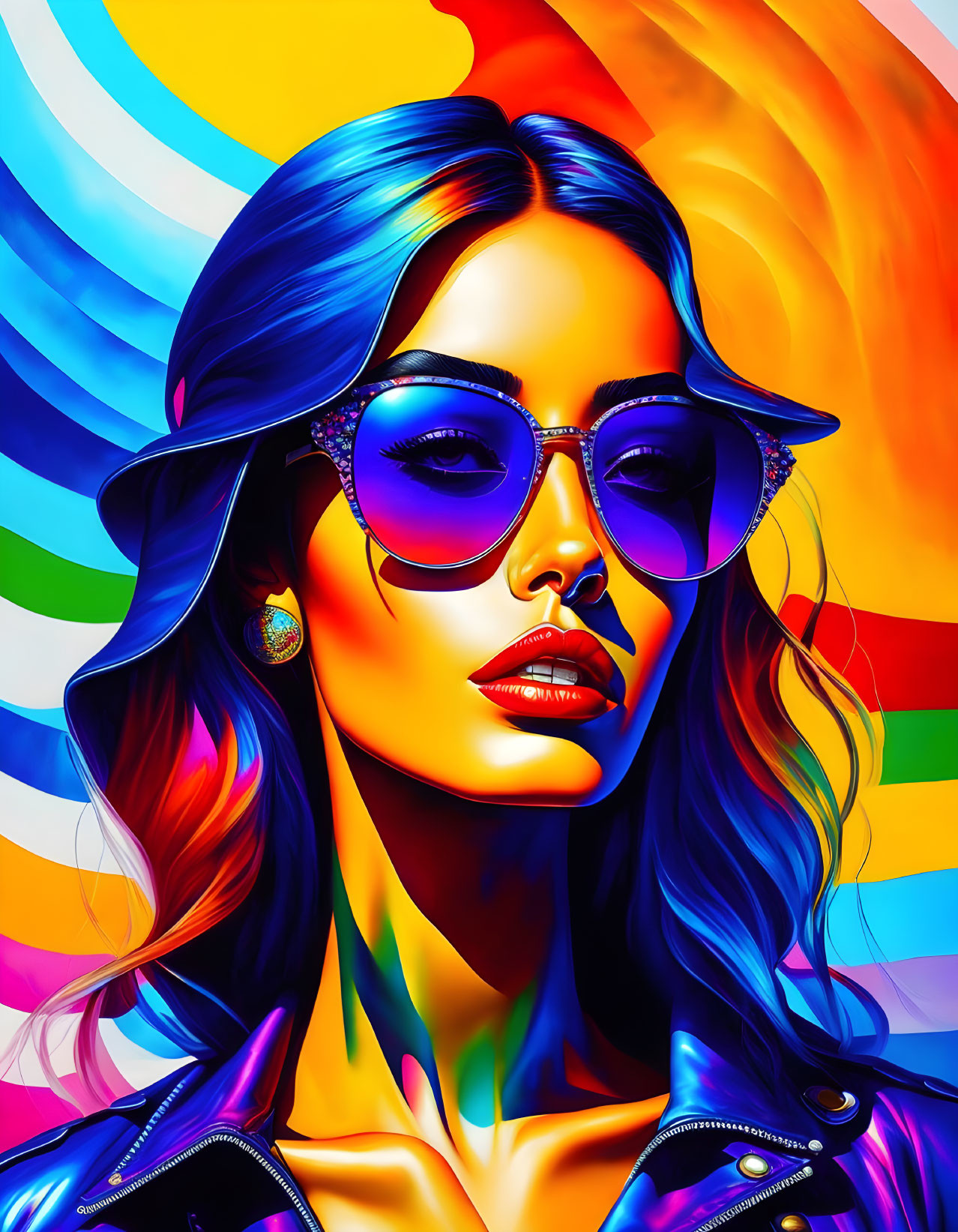 Colorful Digital Art: Woman with Blue Hair and Sunglasses on Rainbow Background