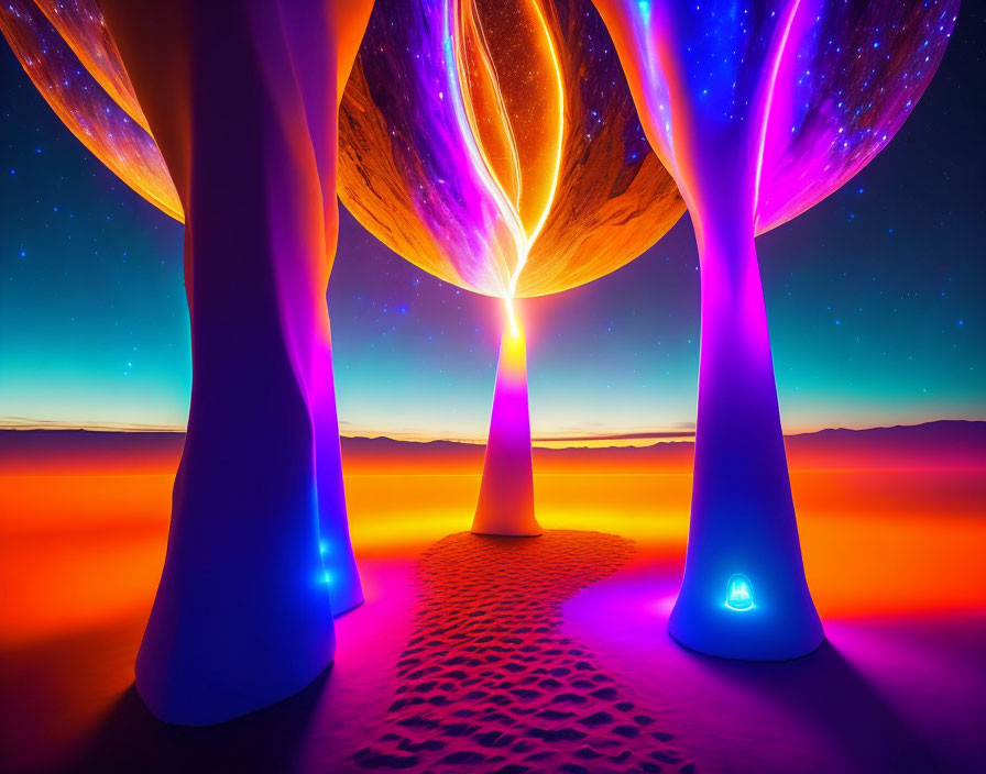 Surreal landscape with glowing mushroom-like structures under starry sky