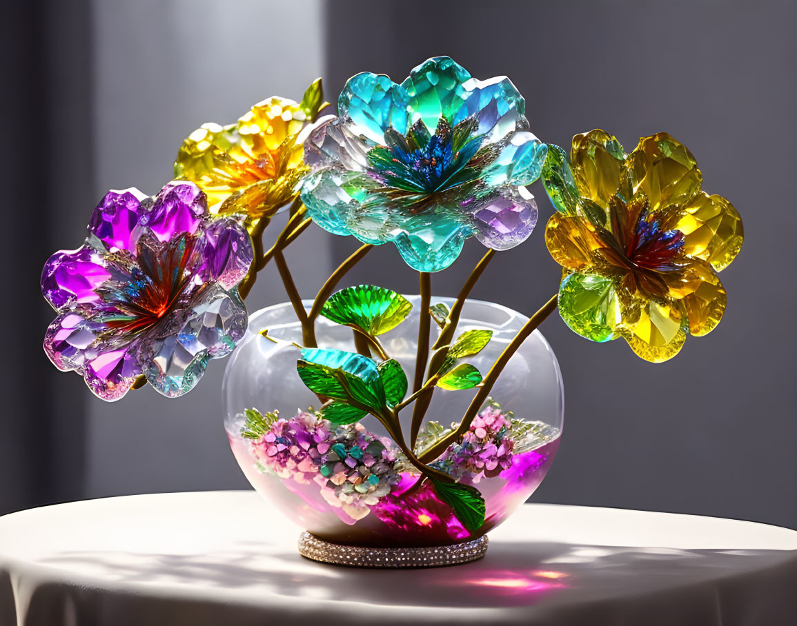 Vibrant artificial crystal flowers in transparent vase on intricately designed table.