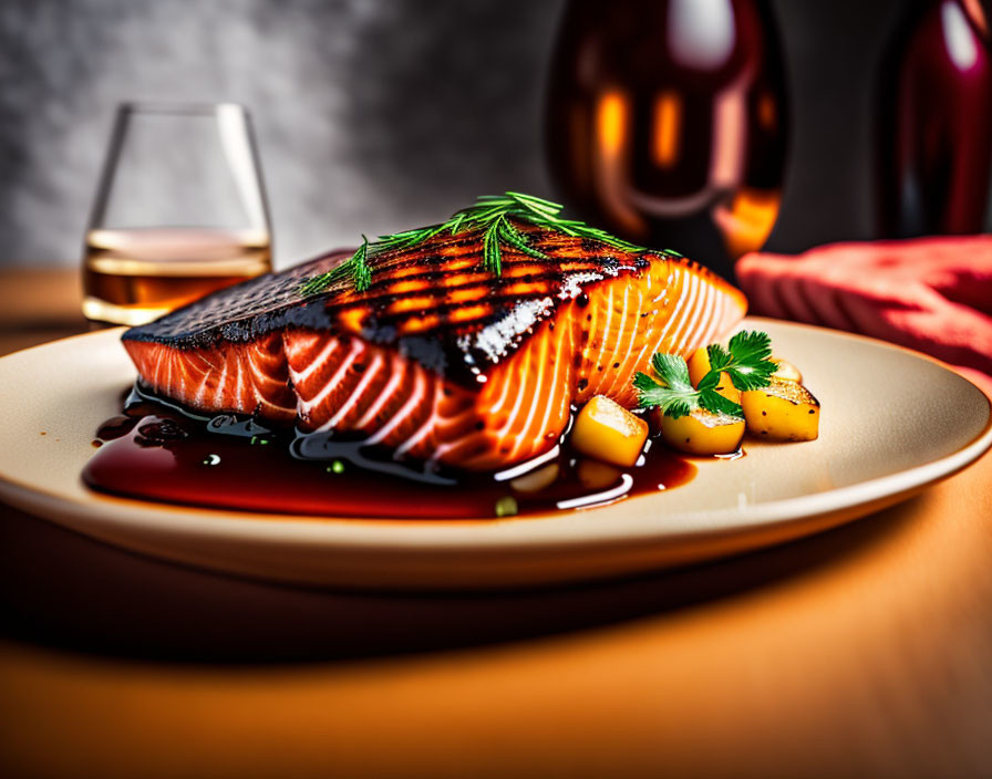 Freshly Grilled Salmon Fillet with Herbs, Potatoes, and Sauce on Plate