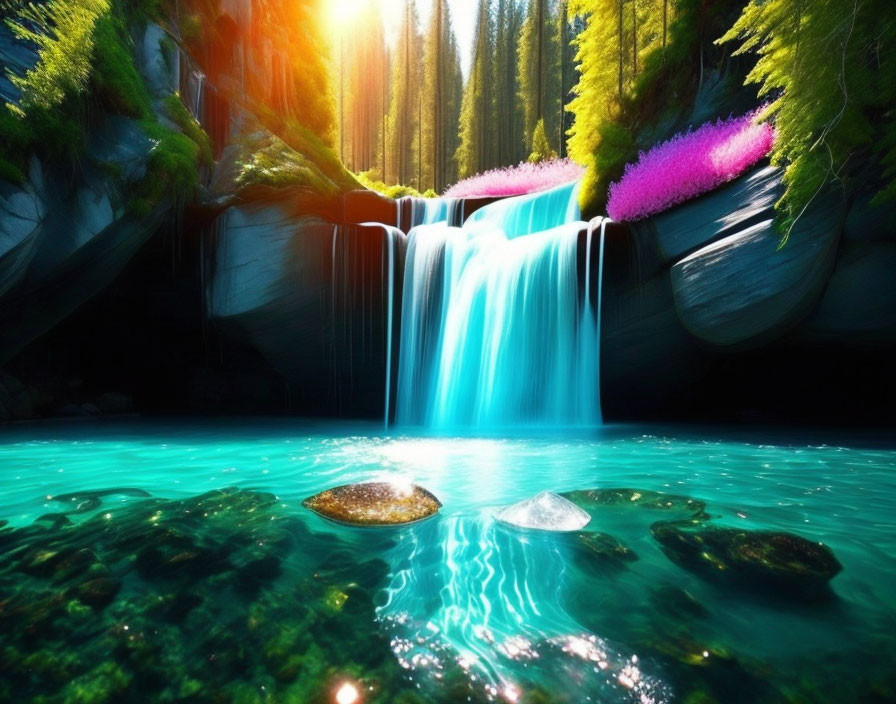 Tranquil waterfall in lush greenery with turquoise pool