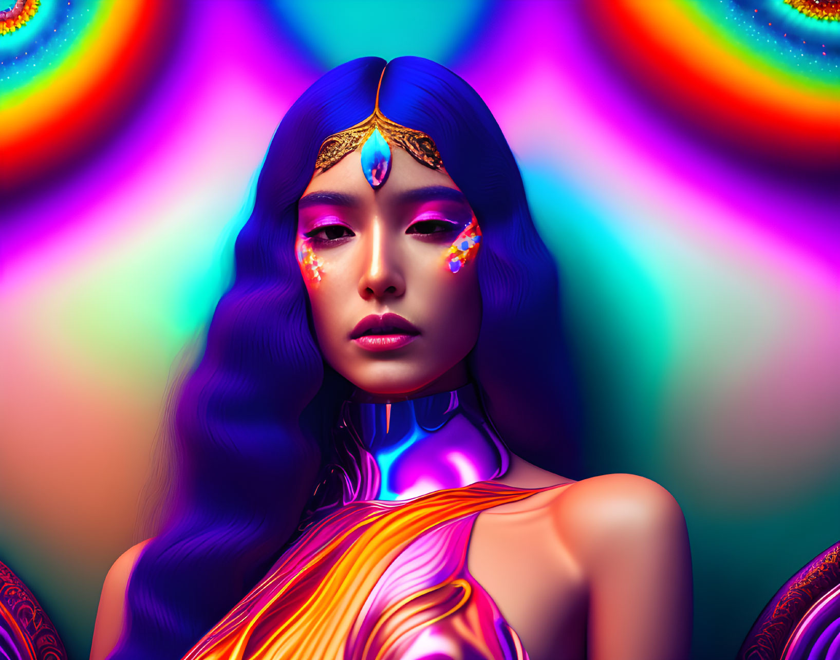 Futuristic digital artwork: metallic blue-skinned woman with long black hair and vibrant makeup against colorful