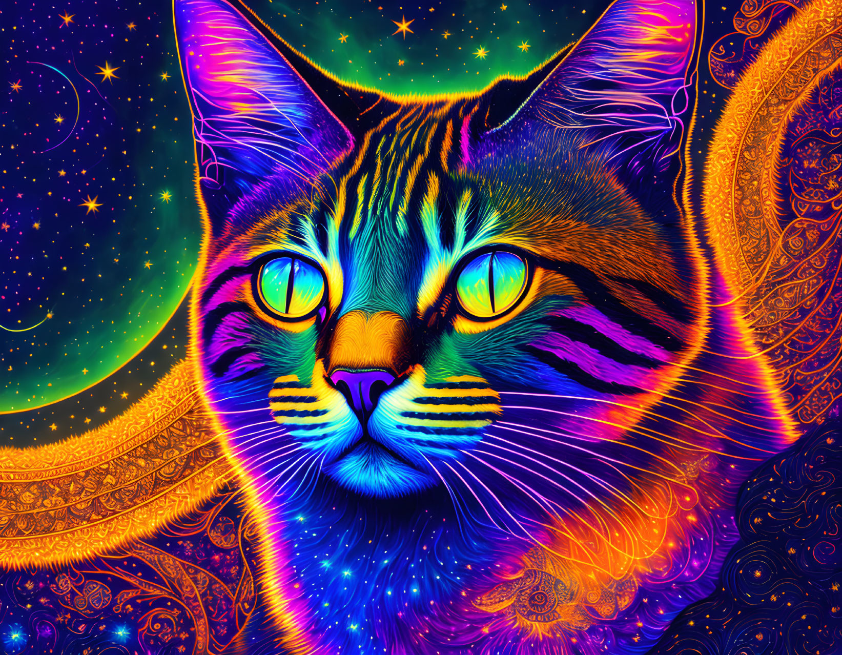 Colorful digital cat art with yellow eyes and cosmic patterns