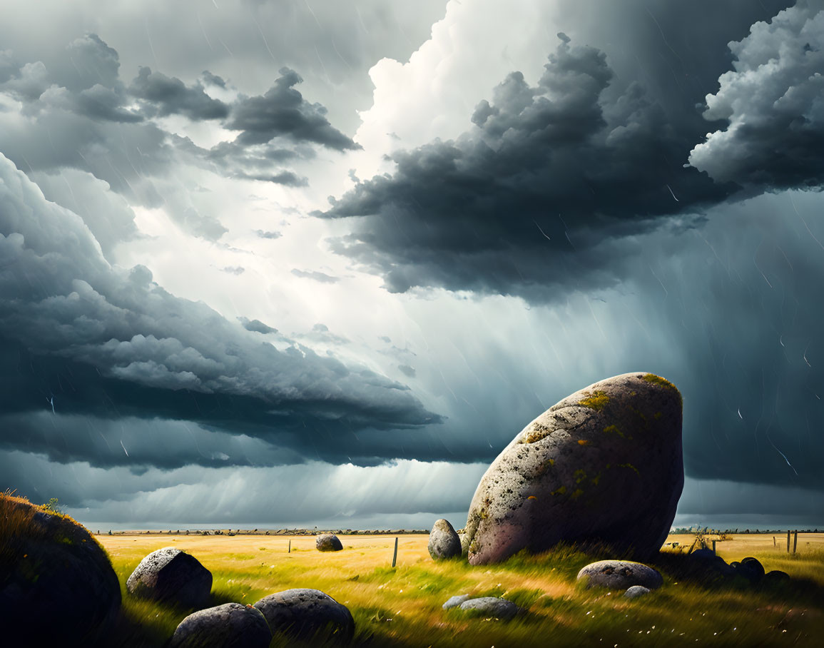 Dark storm clouds over dramatic landscape with rain and scattered stones