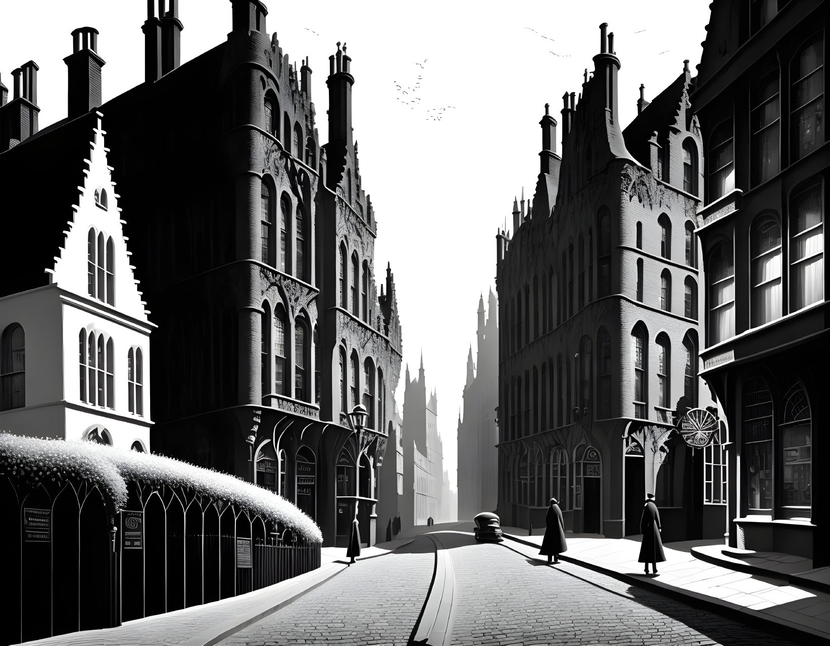 European-style street with Gothic buildings and silhouetted figures