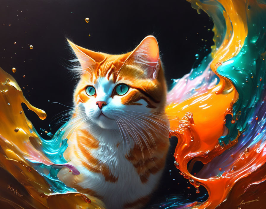 Colorful Cat Artwork with Swirling Paint Splashes