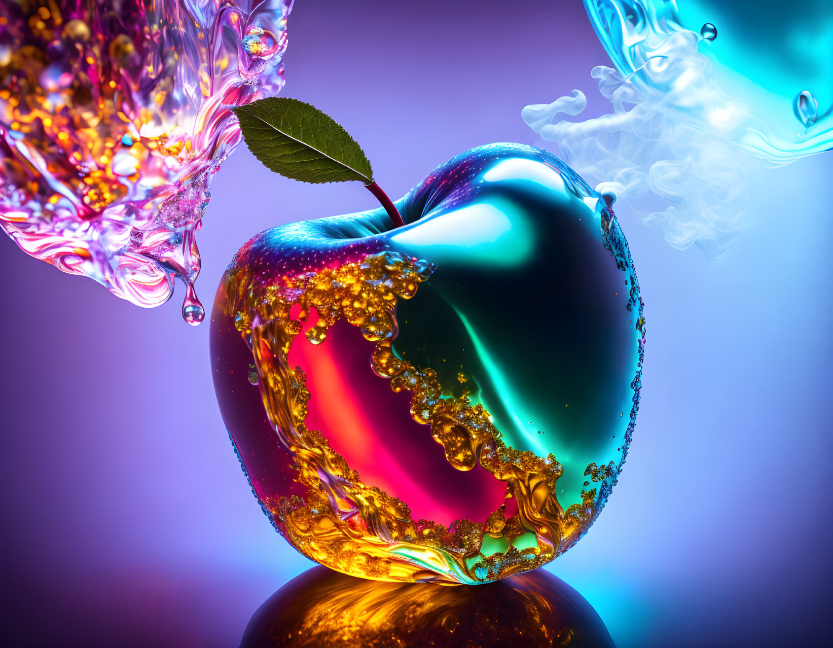 Colorful apple art with neon liquid and smoke effects