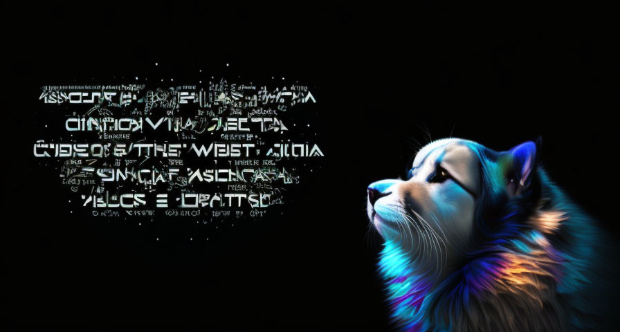 Vibrant digital artwork of husky dog with glowing text background