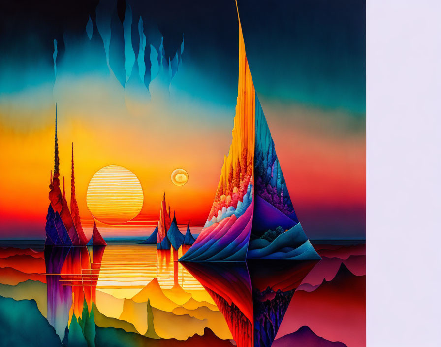 Colorful Abstract Mirrored Landscape with Sunset Sky Reflections