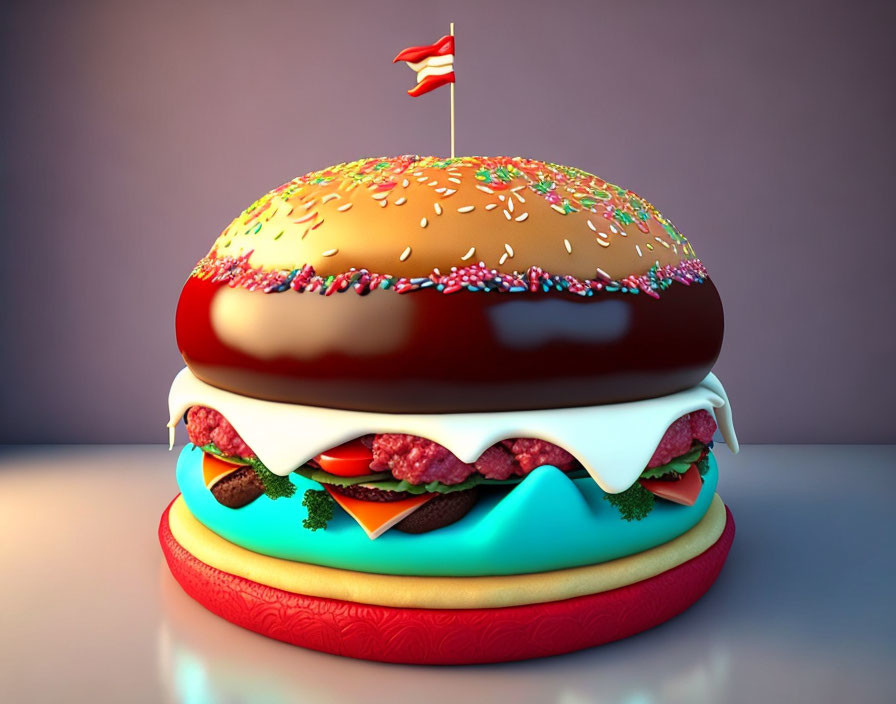 Colorful Digitally-Rendered Dessert-Like Burger with Flag