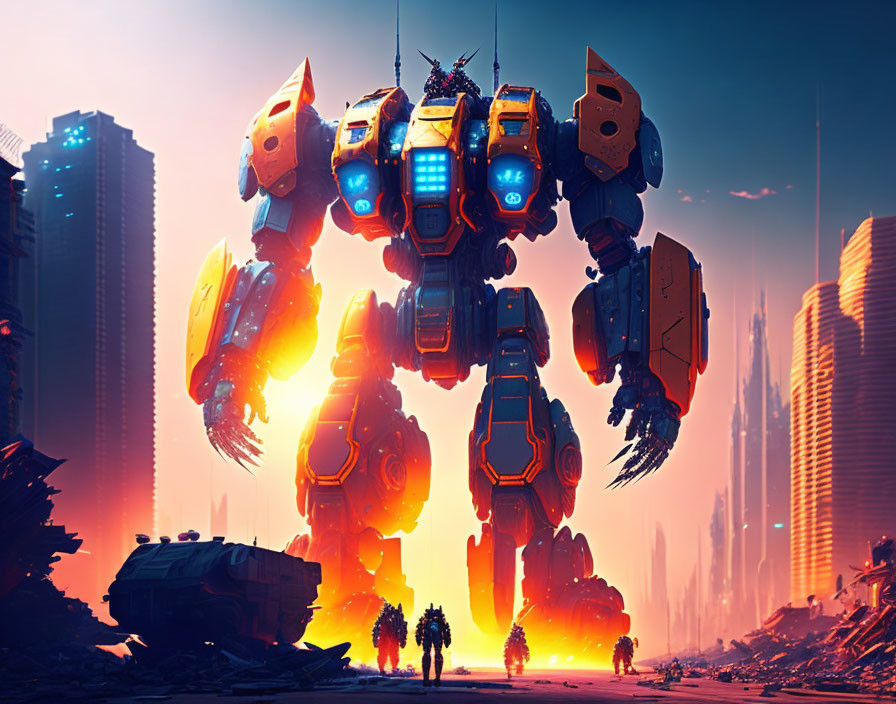 Futuristic cityscape with giant robot, humans at sunset