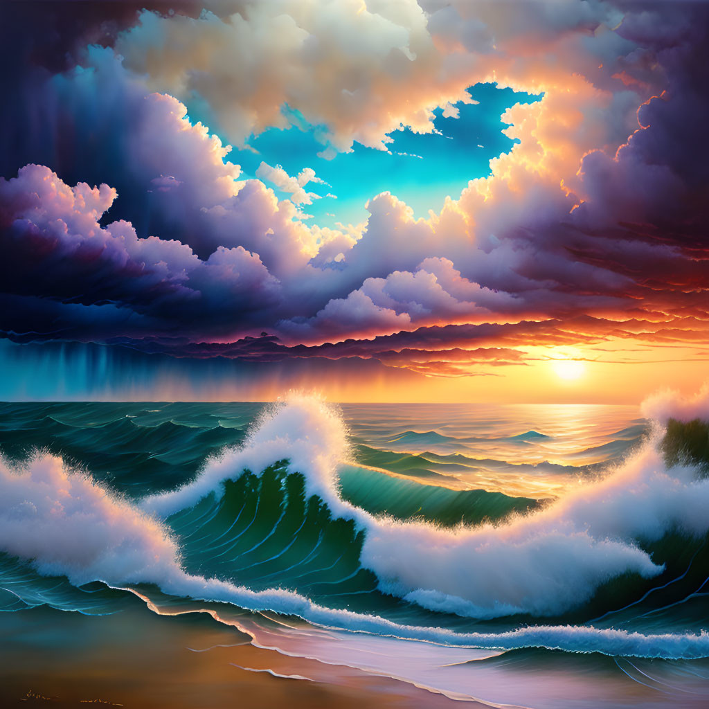 Stormy Seas Painting: Dramatic Sunset with Vibrant Waves