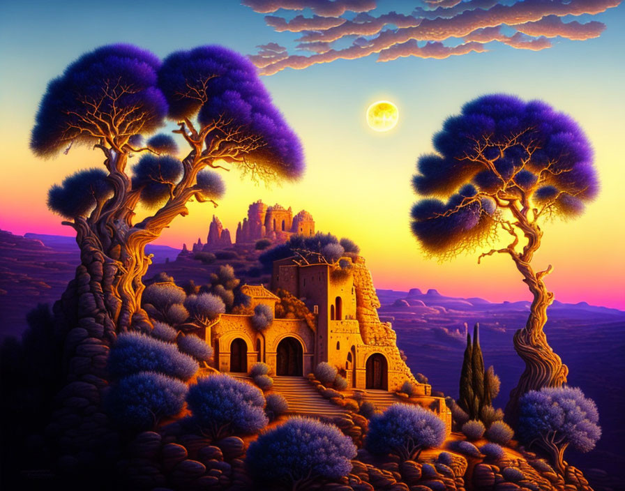 Twilight landscape with full moon, violet trees, stone house, distant castle