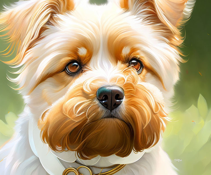 Fluffy White and Tan Dog Illustration on Soft Green Background