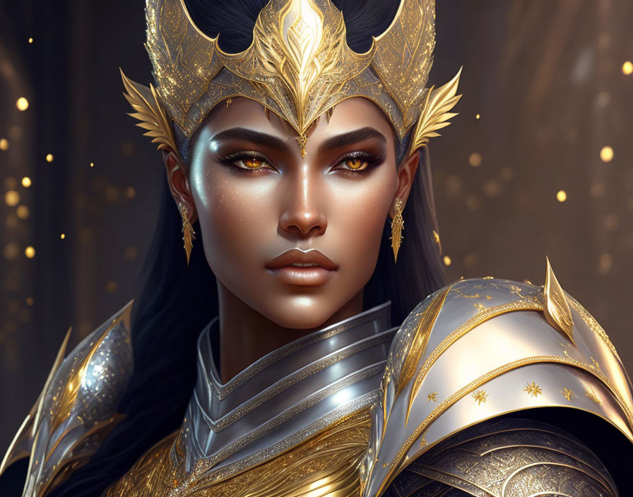 Golden-armored female warrior with shimmering details on softly lit background