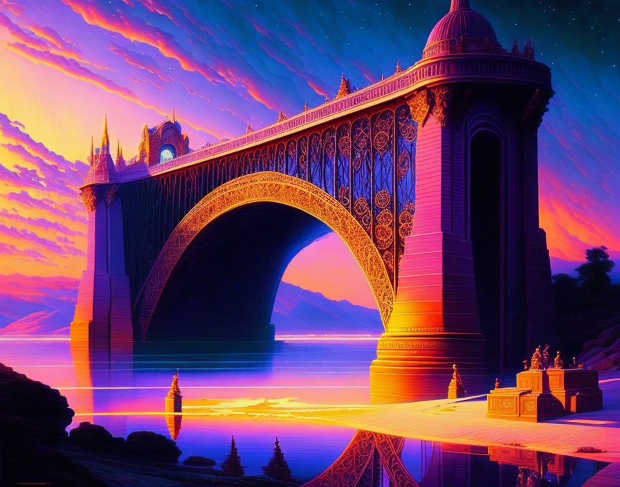 Ornate bridge digital art: intricate design, purple and orange sky, calm waters at dusk