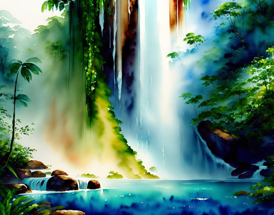 Serene Waterfall Watercolor Painting with Lush Greenery