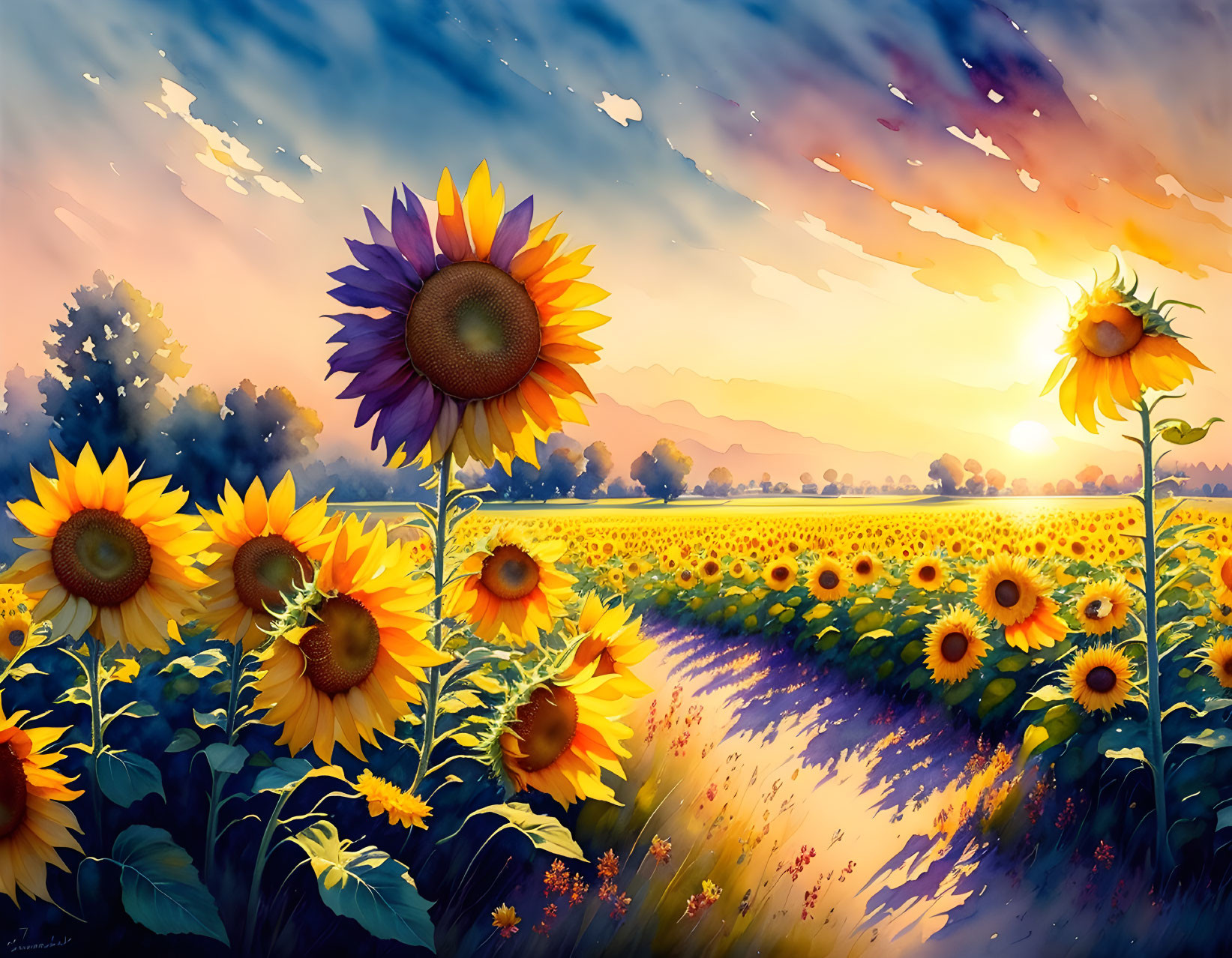 Sunflower field digital painting at sunset with colorful skies