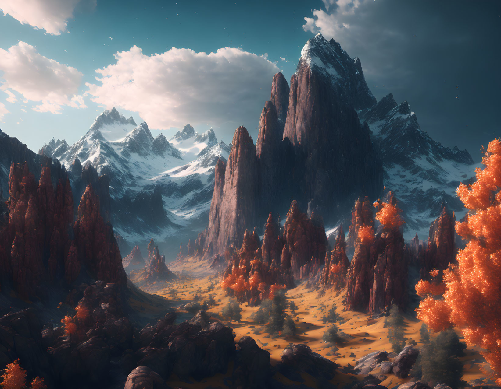 Majestic fantasy landscape with rocky peaks, snow-capped mountains, orange valley, and starry